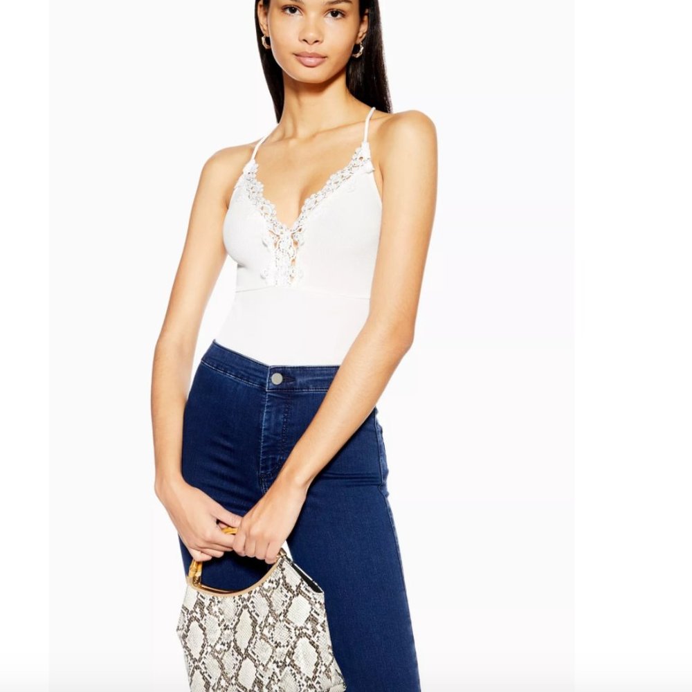 Topshop Cream Ribbed Lace Strappy Bodysuit